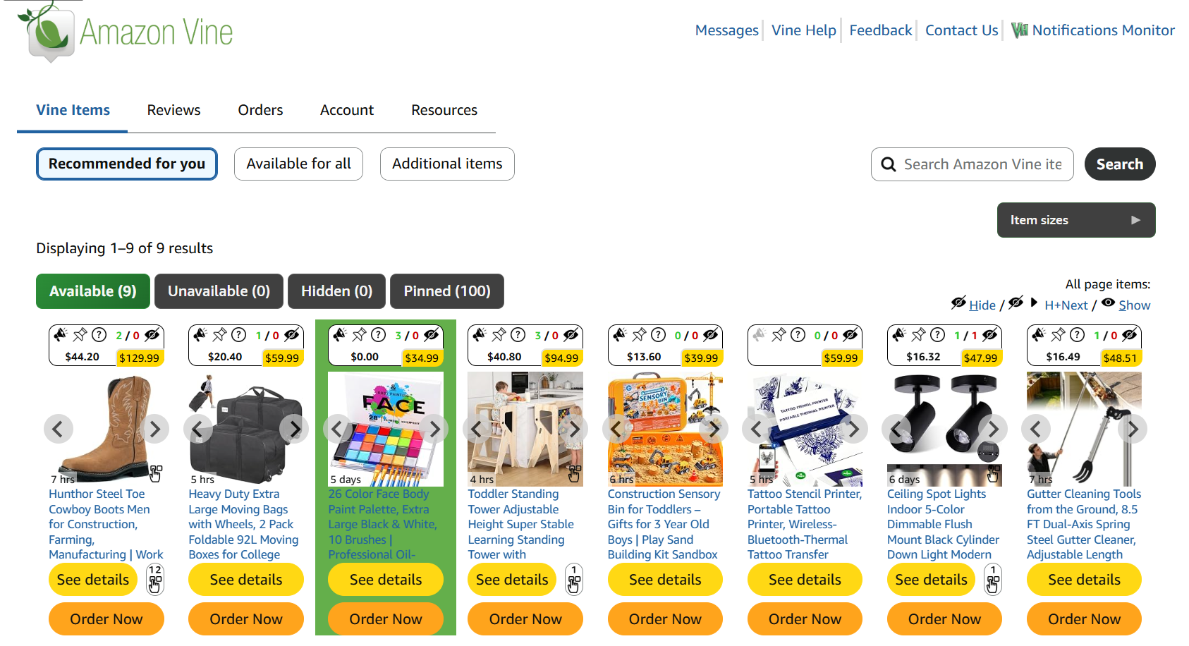Amazon Vine Recommended for You page enhanced by VHelper