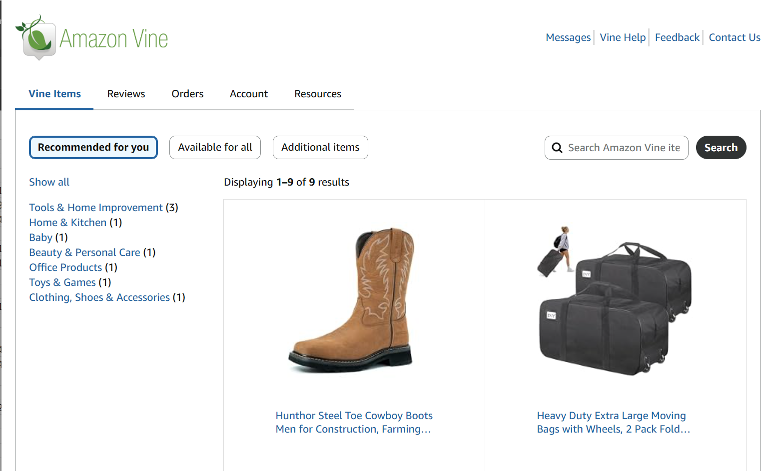 Amazon Vine Recommended for You page without VHelper